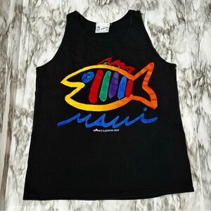 SGT. Leisure Black Vintage 1987 Graphic Tank Top Maui Hawaii Vibrant Fish USA